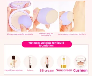 Details zur Trocken- und Nassanswendung des lila Make-up-Schwamms für Puder und Make-up