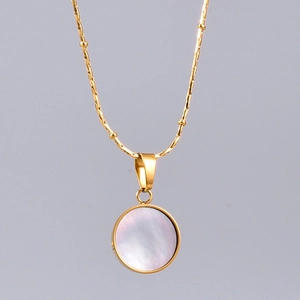 18K gold plated necklace with a round white mother of pearl pendant on a beaded chain