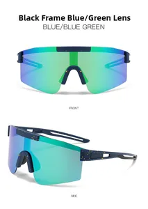 Polarized sports cycling sunglasses with matte dark blue frame and blue-green mirror lens