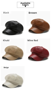 Détails des casquettes gavroche en cinq couleurs dont noir, marron et bordeaux