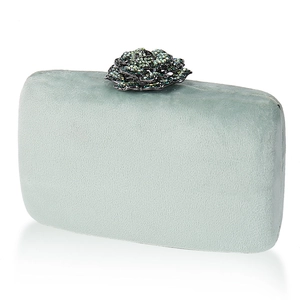 Elegant mint green velvet evening clutch bag featuring a sparkling floral rhinestone clasp