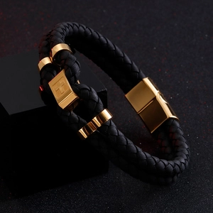 Double-layer braided black leather bracelet with golden titanium steel cross and magnetic clasp
