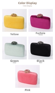 Five elegant velvet clutch bags with floral crystal clasps in assorted vibrant colors