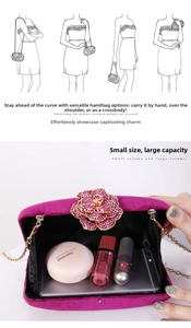 Detail of velvet evening bag interior showing capacity for phone and cosmetics