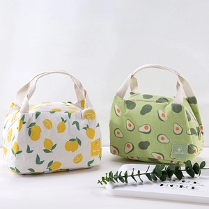 Insulated Lunch Bag Cotton Linen Aluminum Foil Lining Portable Thermal Bento Pouch Fruit Print Zipper Handbag