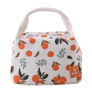 Insulated lunch bag with orange pattern print and thick braided handles for food storage