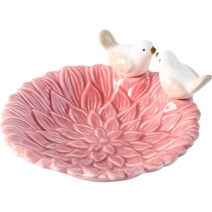 Nordic pink ceramic flower jewelry tray featuring decorative birds on a white background