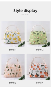 Detailed grid view of canvas lunch bags with zipper and four distinct fruit patterns