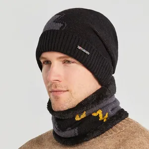 Herren Winter Strickmütze Und Halswärmer Schal Fleecegefüttert Dick Warm Geometrisches Muster Kontrastfarbe