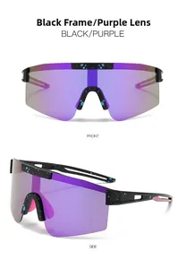 Front and side view of sports polarized sunglasses with black frame and purple lenses