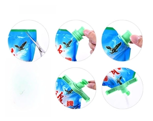 Step-by-step guide showing how to install a green plastic food sealing clip with pour spout