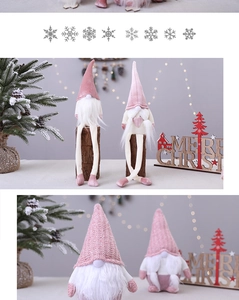 Detail of pink knitted Christmas gnomes with long legs and festive holiday decor