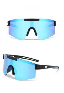 Front and side views of black frame sports sunglasses with blue mirrored shield lenses