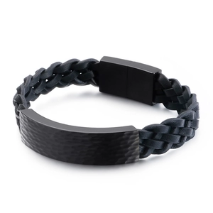 Men's black braided leather bracelet featuring a hammered black metal plate and magnetic clasp
