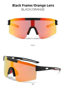 Front and side views of sports sunglasses with matte black frame and orange lenses