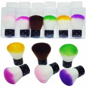 Detailed view of six colorful polka dot mini nail dust brushes in individual packaging