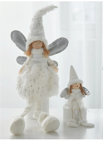 Detailed view of white plush angel ornaments with sequin stars and silver wings for Christmas