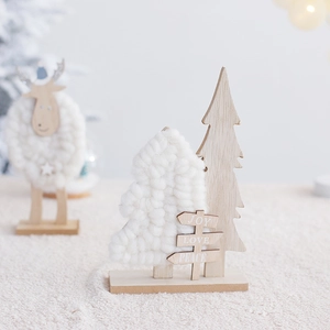 Handcrafted wooden Christmas tree ornaments with white wool knit and JOY PEACE LOVE text