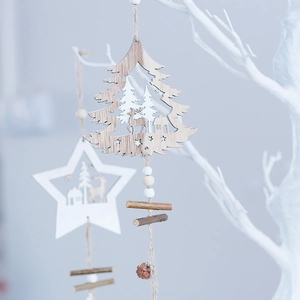 Nordic wooden Christmas ornaments with reindeer star and tree designs on rustic hemp rope