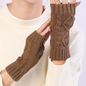 Brown diamond knit cable fingerless gloves with ribbed cuffs for winter warmth