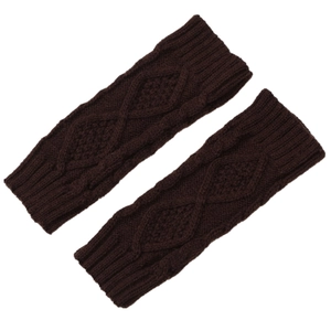 Detailed rhombic knit pattern on dark brown warm fingerless gloves with soft texture