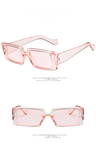 Front and side views of stylish pink transparent square sunglasses in lightweight plastic