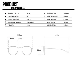 Size chart and technical specifications for square metal sunglasses showing precise dimensions