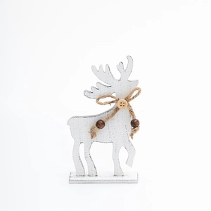 White wooden Christmas reindeer figurine with jute bow and wood beads on a stand