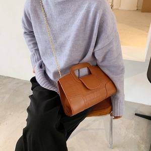 Detailed view of a brown crocodile texture handbag with elegant gold chain strap