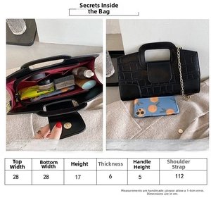 Detailed size guide for crocodile pattern handbag with specific dimensions in centimeters