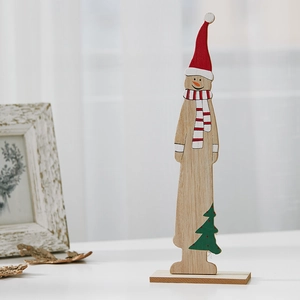 Handcrafted wooden Christmas snowman ornament with red hat and green tree for desk decor
