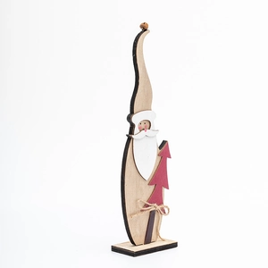 Decorazione natalizia in legno Babbo Natale con albero rosso e campanellino d'oro