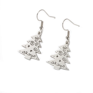 Polished stainless steel Christmas tree earrings with spiral and star patterns