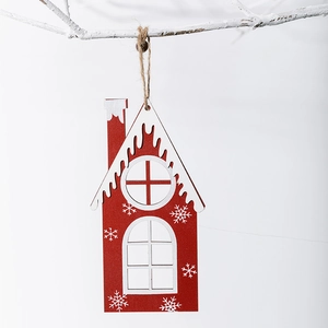 Handcrafted red and white wooden house ornaments for Christmas tree with natural jute rope