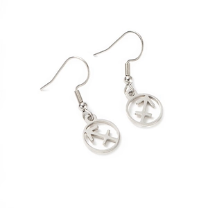 Polished stainless steel Sagittarius zodiac drop earrings with circular pendants