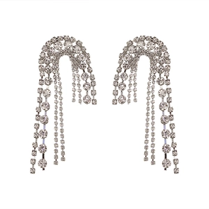 Silver-toned rhinestone tassel earrings with irregular dangling chains for women