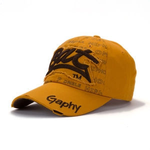 Retro mustard yellow distressed baseball cap with 3D embroidery and vintage hip-hop style