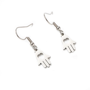 Polished silver titanium steel Hamsa hand earrings with hollow heart on white background