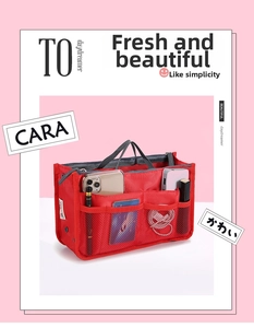 Red nylon bag organizer with mesh pockets showing interior compartments and storage space