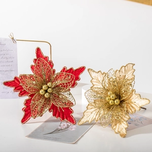 Red and gold mesh Christmas poinsettia flowers with glitter and pearls for tree decor