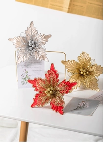 Detailed view of 24cm glitter Christmas mesh flowers in red, gold and champagne colors