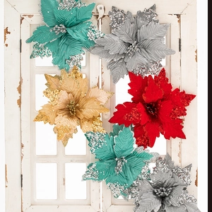 Artificial Poinsettia Christmas Flowers Sparkling Sequins Velvet Fabric Glitter Decor For Tree Wedding Party Home Ornament