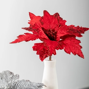 25cm red artificial poinsettia flower with glitter in a white ceramic vase decoration
