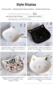 Detailed grid view of assorted ceramic cat jewelry dishes with gold-painted accents