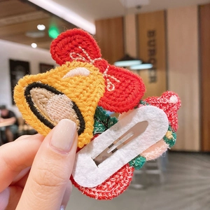 Handmade knitted Christmas hair clip with yellow bell and red bow for girls
