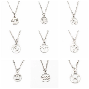 Polished silver zodiac symbol pendant necklaces in a nine-grid display layout