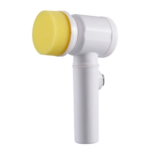 Electric handheld dishwashing brush with yellow sponge head and white body for cleaning
