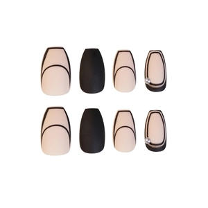 Milk coffee French press-on nails with pearls and minimalist black patterns for women