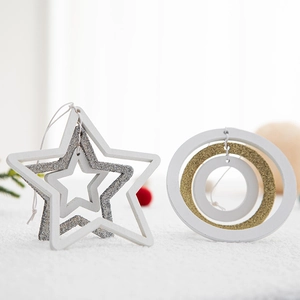 Nordic wooden star and circle Christmas ornaments with gold and silver glitter accents