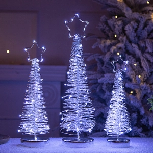 Three-piece silver iron Christmas trees with cold white LED lights for table decoration